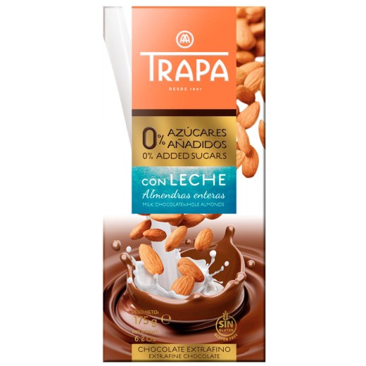 Chocolate con Leche con Almendras Sin Azucar TRAPA 175 GR | Cash Borosa