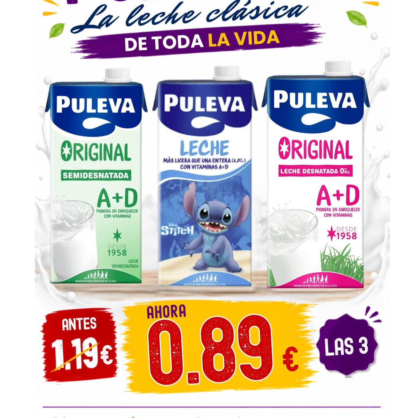 Leche Puleva clásica entera, semidesnatada y desnatada a precio especial en Borosa Market