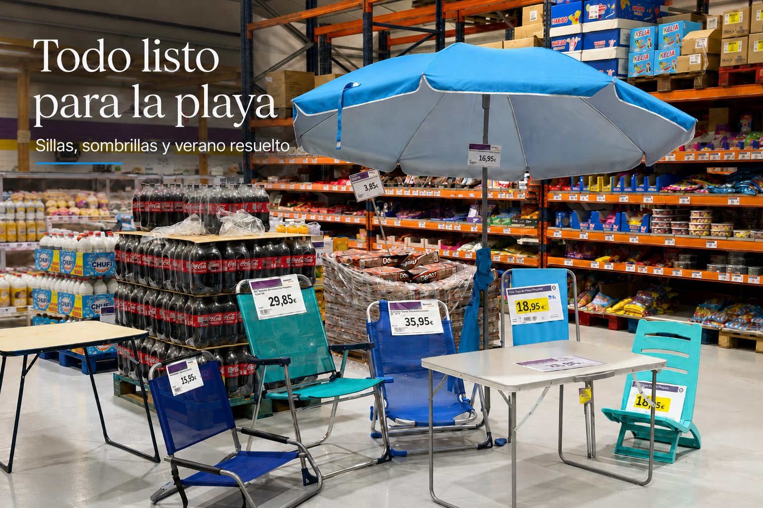 Sillas y neveras de playa disponibles en Borosa Market durante agosto